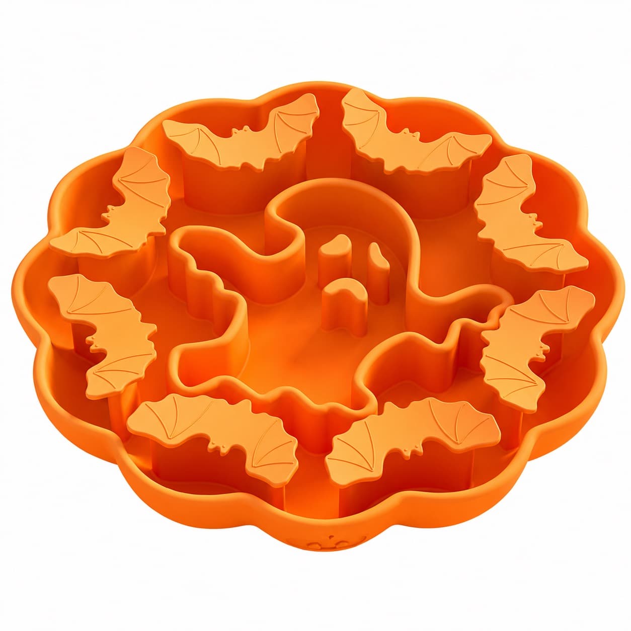 Bol interactif pour chien Le fantôme : fantôme central et chauves-souris en relief dans un bol en forme de fleur