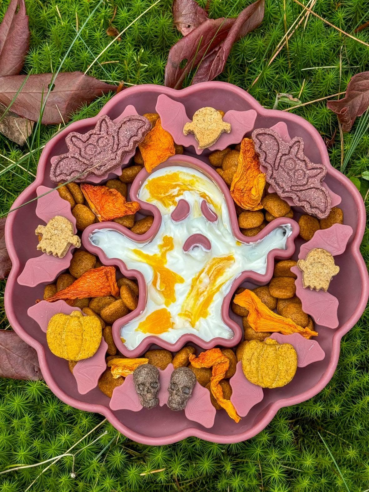 Ghost bowl filled with kibble, yogurt and treats to hunt down
