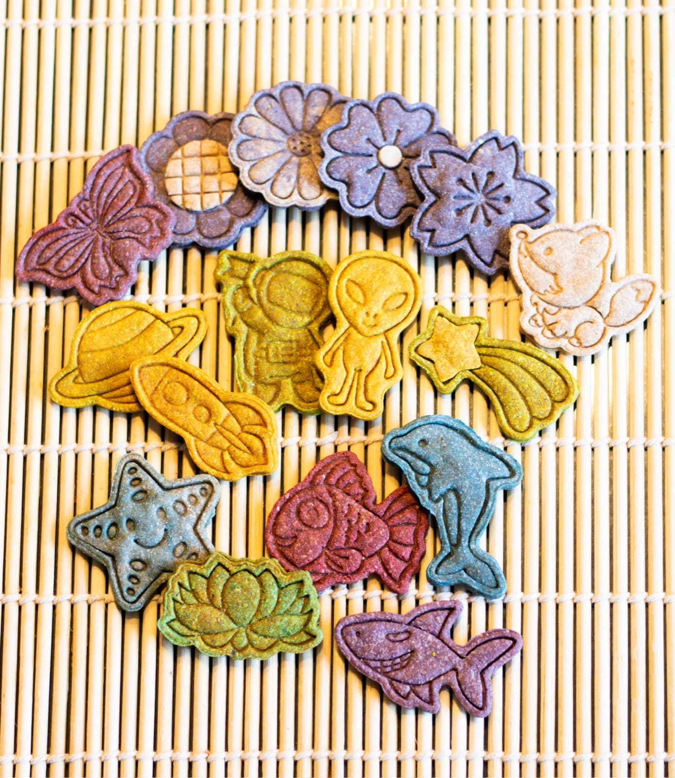 L'assortiment complet de la Collection Été : fleurs, animaux des bois, créatures marines et biscuits de l'espace aux couleurs de fruits et d'épices