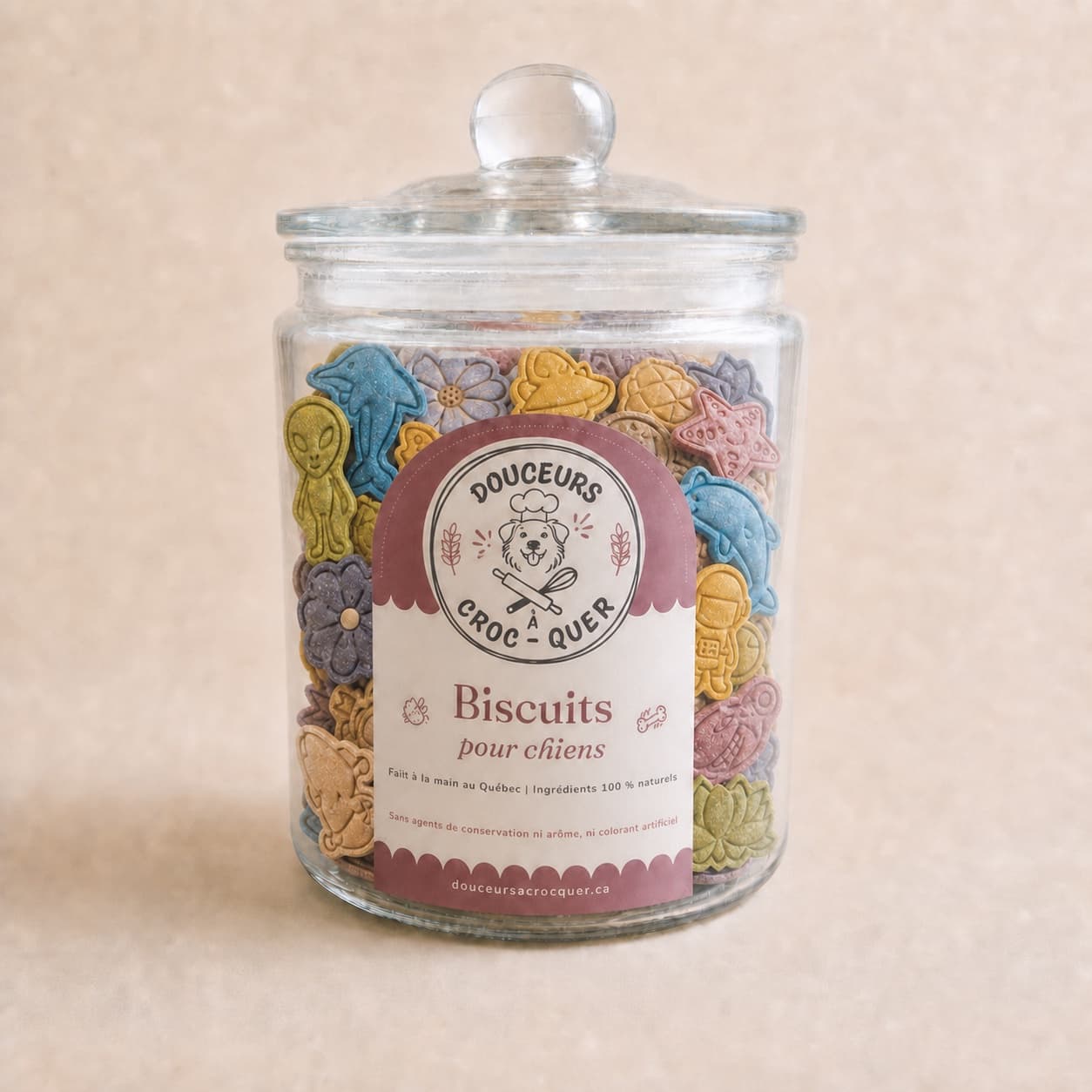 Glass jar filled with colourful dog biscuits, labelled Douceurs à Croc-quer